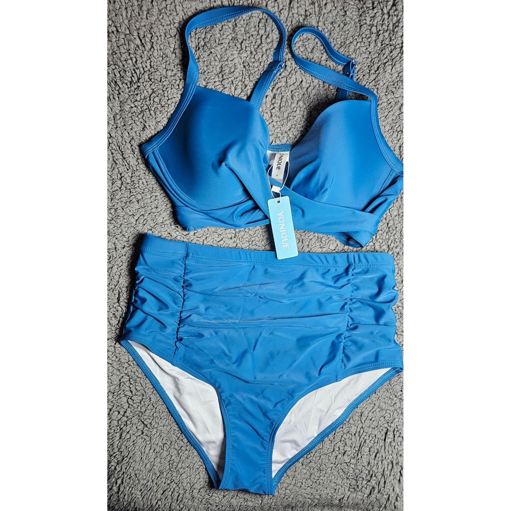 Yonique Womens Blue High Waisted Bikini Set Two Piece Swimsuit Ruched Size M NEW